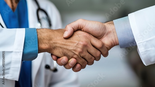 Doctors handshake collaboration, teamwork, and healthcare partnership.