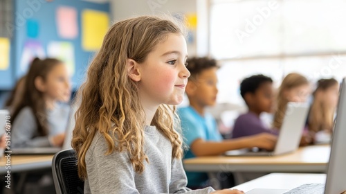 Elementary school girl focused on laptop, modern classroom technology education