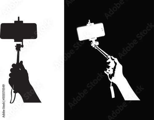 Smartphone Selfie Stick Icon Set with Hand Silhouette