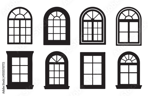 Architectural set of black framed windows with elegant grid design and arched tops.
