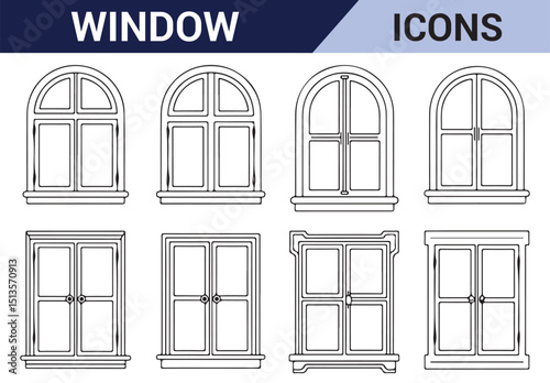 Series of black and white window silhouettes with modern and vintage frame designs for residential architecture.