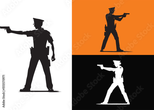 Police Officer Aiming Handgun Icon Set in Silhouette Style