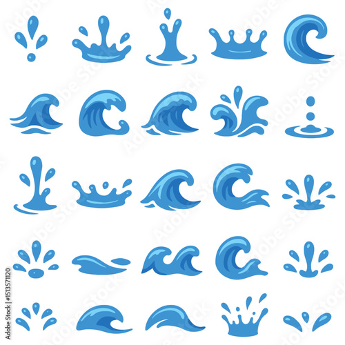 Water Splash and Wave Icons Vector Set – Blue Liquid Drop Clipart Collection