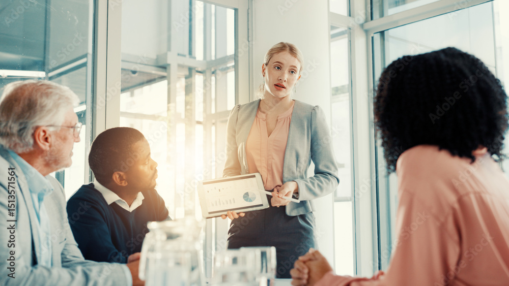 Obraz premium Presentation, business woman and tablet screen with financial data, investment stats and planning. Team meeting, analyst and professional with technology for charts, graphs or discussion in office