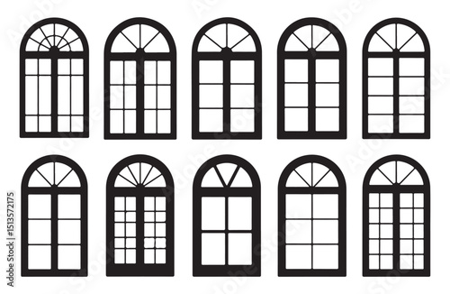 Elegant set of black framed windows with classic arch design and symmetrical grid.