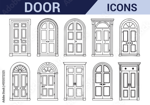 Collection of classic and modern door designs in black and white for home entrances.