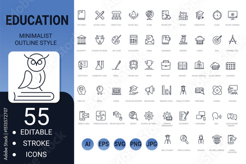 Education and School Thin Line Icons Set. Learning, Study, and Teaching Editable Stroke Icons. Vector Illustration