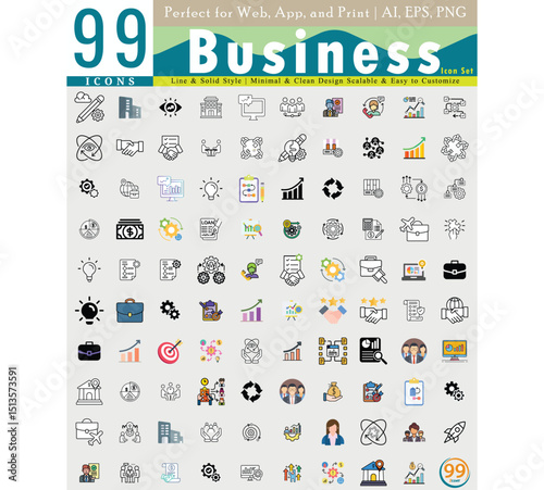 99 Business Icons,  Line & Solid Style  Vector Set for Web, App, and Print