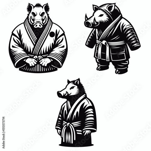 boar wear yudo suits. Japan Martial Arts Judo Aikido Dojo Budo Clipart Line Art Vector Illustration. Swine apparel garb resilient woodland creature combat clothing.