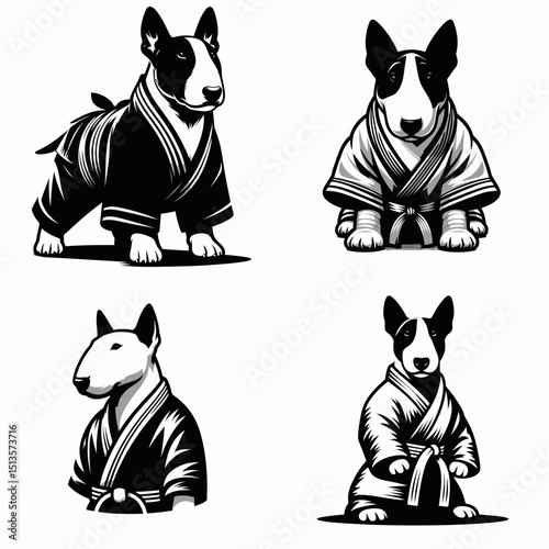 Bull Terrier Dog wear yudo suits. Japan Martial Arts Judo Aikido Dojo Budo Clipart Line Art Vector Illustration. Canine apparel for terrier attire looking like garb.