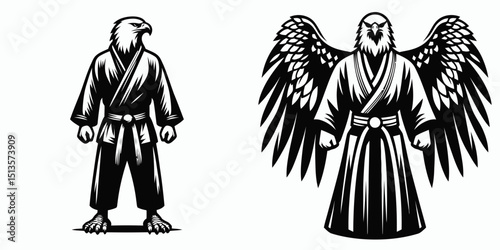 Eagle wear yudo suits. Japan Martial Arts Judo Aikido Dojo Budo Clipart Line Art Vector Illustration. Falcon outfit attire premium grade uniform for practice.