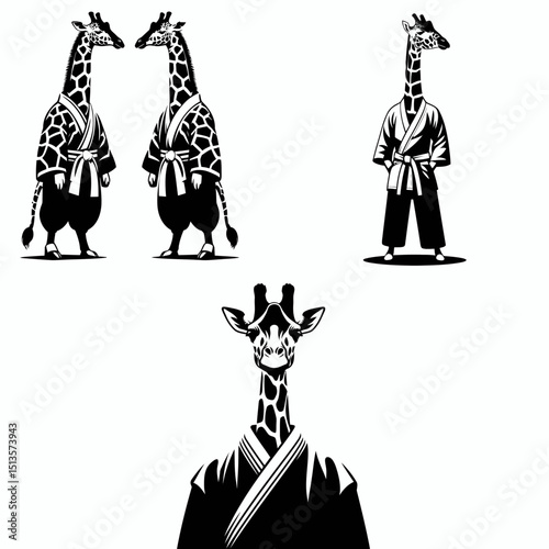 Giraffe wear yudo suits. Japan Martial Arts Judo Aikido Dojo Budo Clipart Line Art Vector Illustration. Tall beast utilize apparel eastern combat garment cloth.