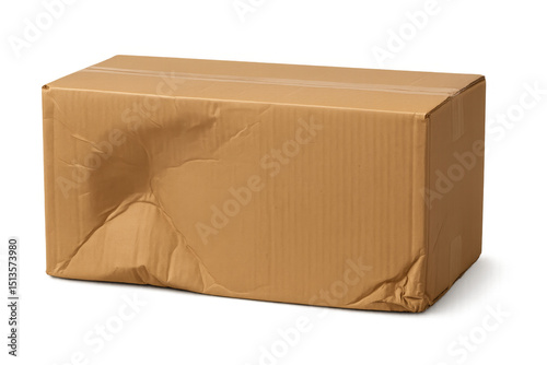 Damaged cardboard box on transparent background representing shipping problems