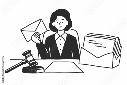 lawyer woman in suit holding envelope of business contract while sitting to working about legal and justice with judge hammer and paperwork on the desk in courtroom