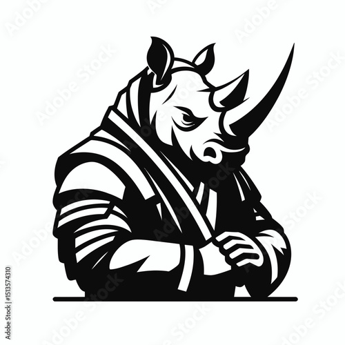 Rhino wear yudo suits. Japan Martial Arts Judo Aikido Dojo Budo Clipart Line Art Vector Illustration. Tough armor for uniform stout protective attire combat.