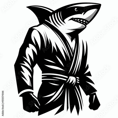 Shark wear yudo suits. Japan Martial Arts Judo Aikido Dojo Budo Clipart Line Art Vector Illustration. Ocean predator attire uniform for cartilaginous aquatic animal.