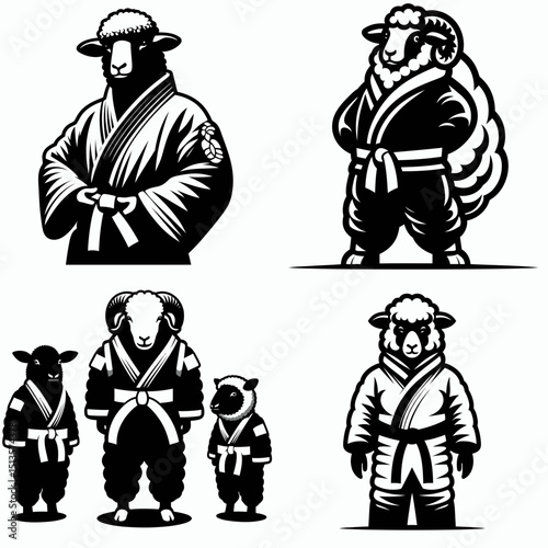 Sheep wear yudo suits. Japan Martial Arts Judo Aikido Dojo Budo Clipart Line Art Vector Illustration. Woolly herd donning formal attire protection garment.