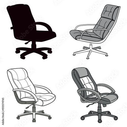 Empty black leather office chair set with wheels, comfortable design for business interior