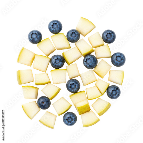 Overhead view of pear chunks and blueberries arranged in a circular pattern on white background