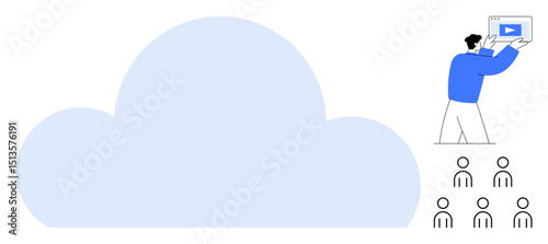 Large cloud graphic with a person transferring digital content to six individuals. Ideal for teamwork, collaboration, file sharing, cloud technology, remote work, connectivity, simple landing page