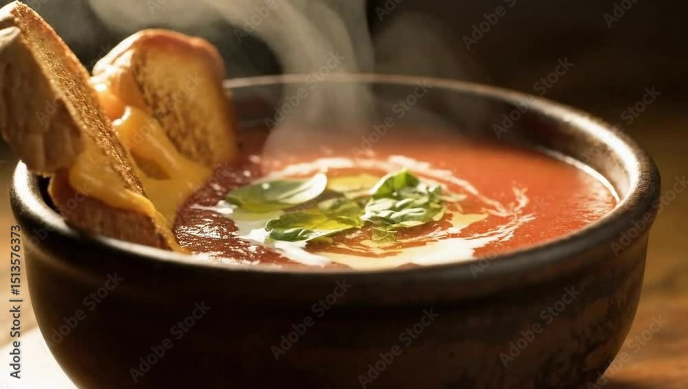 Sopa de tomate com torrada, decorada, gourmet