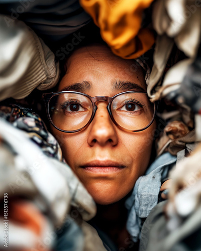 Hoarding disorder clutter room. Anxiety mental health stress. Isolated hoarder navigating through cluttered space.
