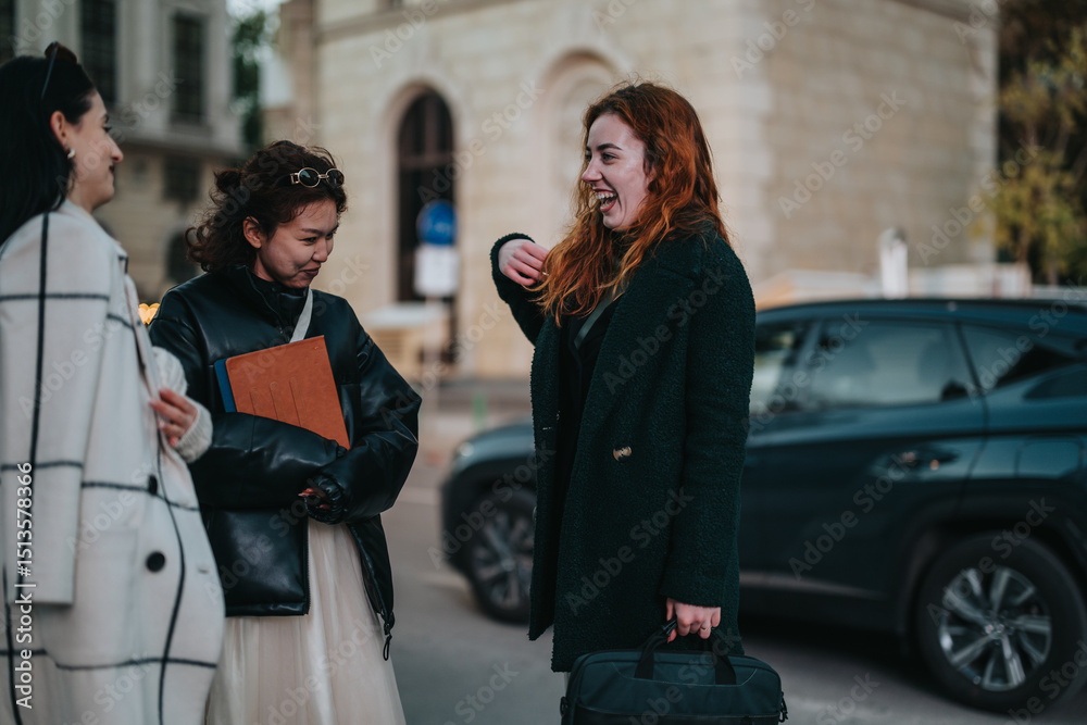 Fototapeta premium Three women in stylish attire enjoying a lighthearted conversation outdoors near a modern city setting.