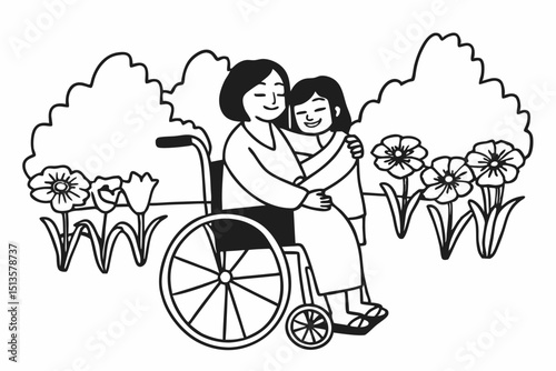 Senior on wheelchair and daughter family concept, Young asian woman smiling and embracing disabled mother on wheelchair while senior woman and daughter relaxation together in the garden