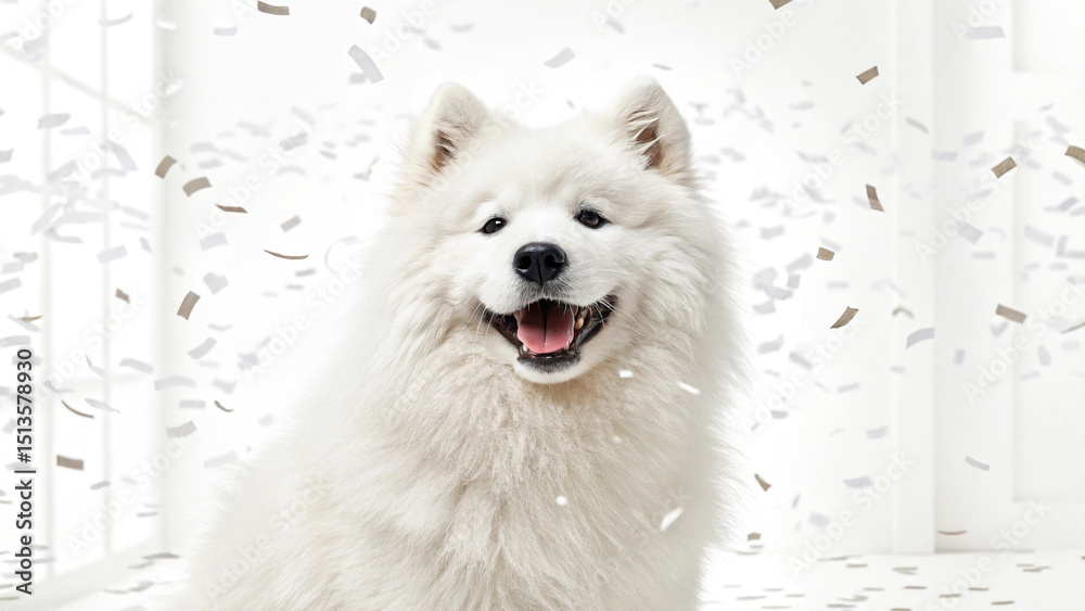 Fototapeta premium Happy fluffy white samoyed dog isolated on white background with confetti falling, celebrating a special occasion in a bright studio setting, full of joy and cheer