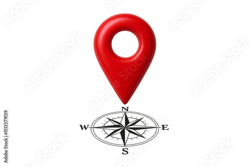 Red location pin pointing north on transparent background with compass rose