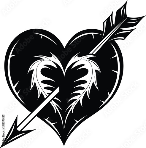 Heart and Arrow Black and White Tattoo Design with Intricate Decorative Elements