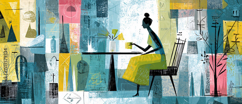 Abstract painting of a woman sitting at a table drinking coffee indoors with colorful geometric shapes and textured background Concept of modern art, solitude, and contemplation © Dinali