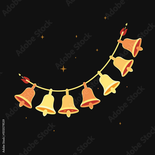 String of decorative bells with stars on a black background  