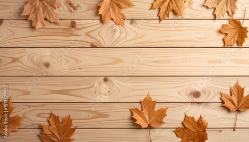 Dry brown maple leaves scattered on pale wood planks