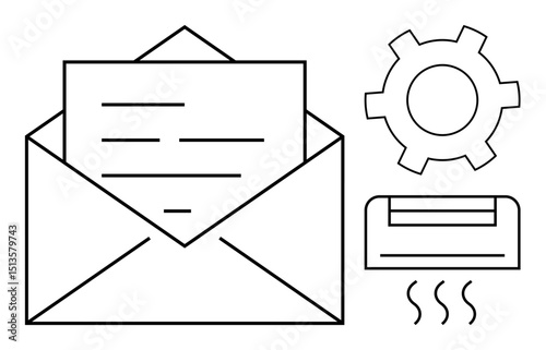 Open envelope with letter, gear, and printer icons representing communication, technology, and workflow. Ideal for email, business correspondence, office processes, automation tools productivity