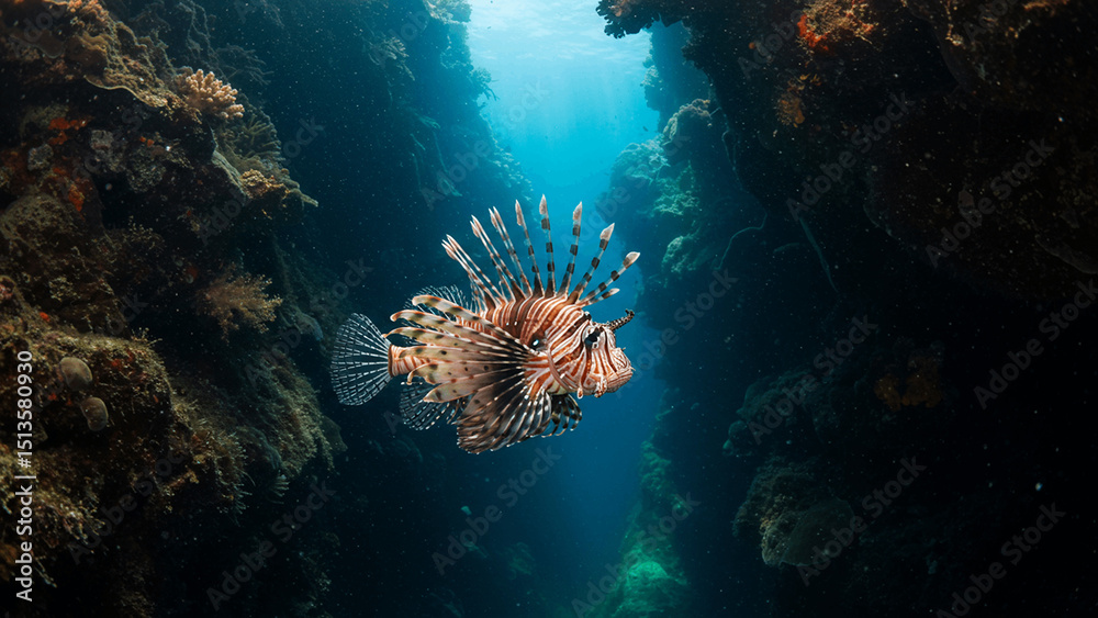 Obraz premium School of tropical fish and a colorful lionfish swim among coral reefs in the deep blue ocean