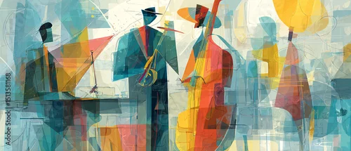 Panel kuchenny z motywem Abstract Jazz Band Illustration with Saxophone and Bass in Vibrant Colors, Expressing Musical Energy and Artistic Expression