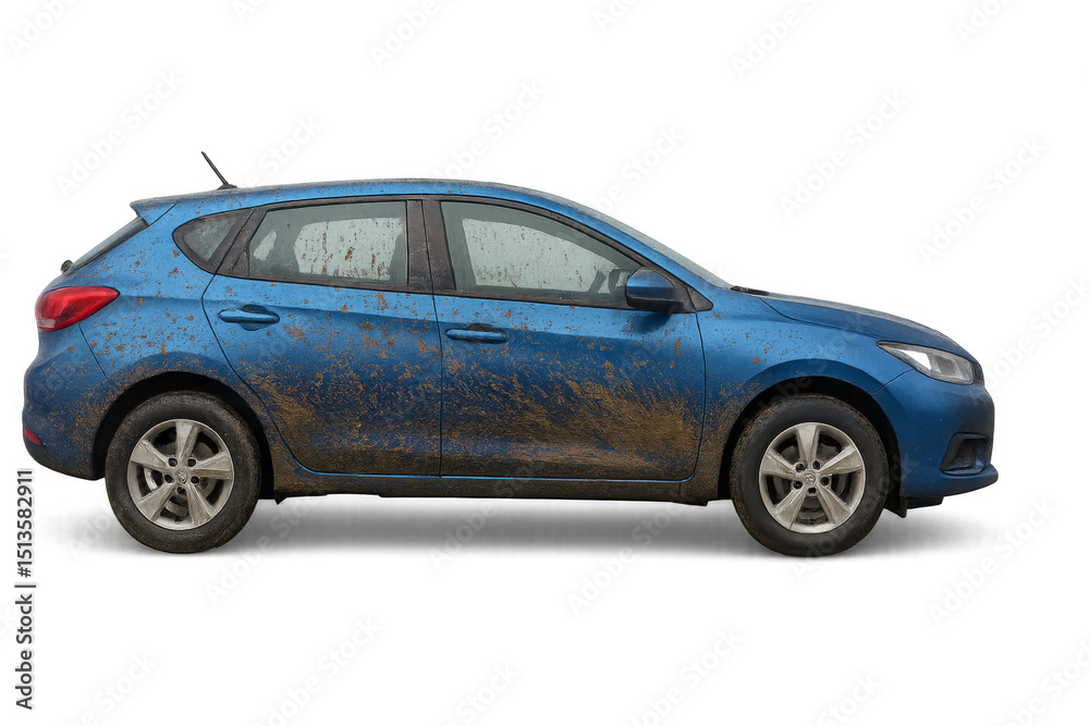 Obraz premium Blue hatchback car covered in mud on transparent background