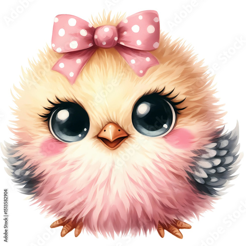 An adorable illustrated chick with a pink bow on a transparent background. Generative AI
