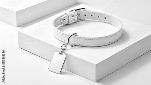 White leather dog collar with blank tag isolated on white background, a stylish and elegant accessory for pet identification and fashion, studio shot