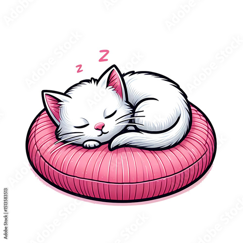 Cute cartoon cat sleeping on a pink pillow. isolated on white. Generative AI