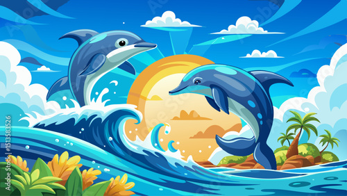 Two dolphins leap from crystal-clear waves under a bright blue sky, celebrating joy, playfulness, freedom, and the wonder of marine life in a sunlit coastal paradise.

