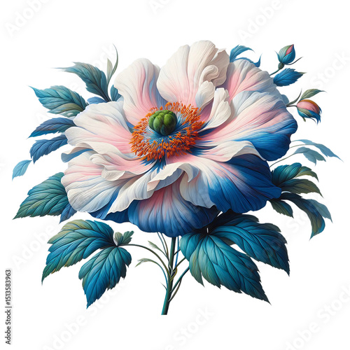 White flower with blue leaves and pink buds on a transparent background. Generative AI
