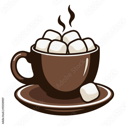 Hot chocolate cup with marshmallows on a plate and steam rising