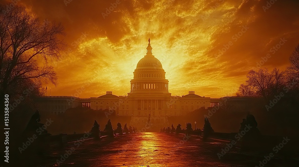 Obraz premium Dramatic sunrise over the capitol building, silhouetted figures.