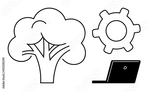 Minimalist black-and-white tree, gear, and laptop emphasizing balance between nature, innovation, and technology. Ideal for sustainability, creativity, teamwork, development environment progress