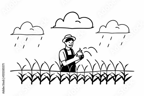 Smart farmer holding garlics in both hands and happiness with examining quantity and quality crop of garlic vegetables while working and planning system control with technology at agricultural field