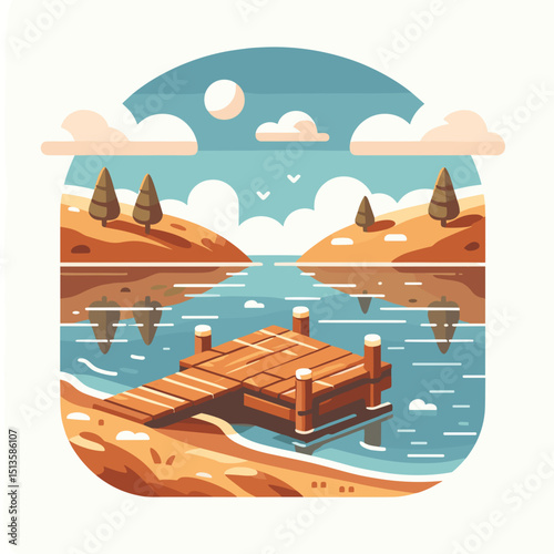 Scenic wooden dock overlooking a calm lake surrounded by hills  