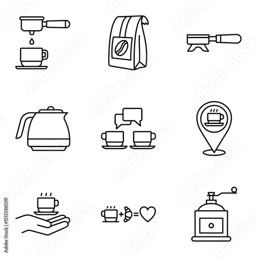Set of minimal coffee shop icons featuring cups, beans, and brewing tools.
