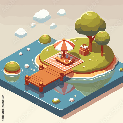 Colorful picnic scene on an island with dock and umbrella  
